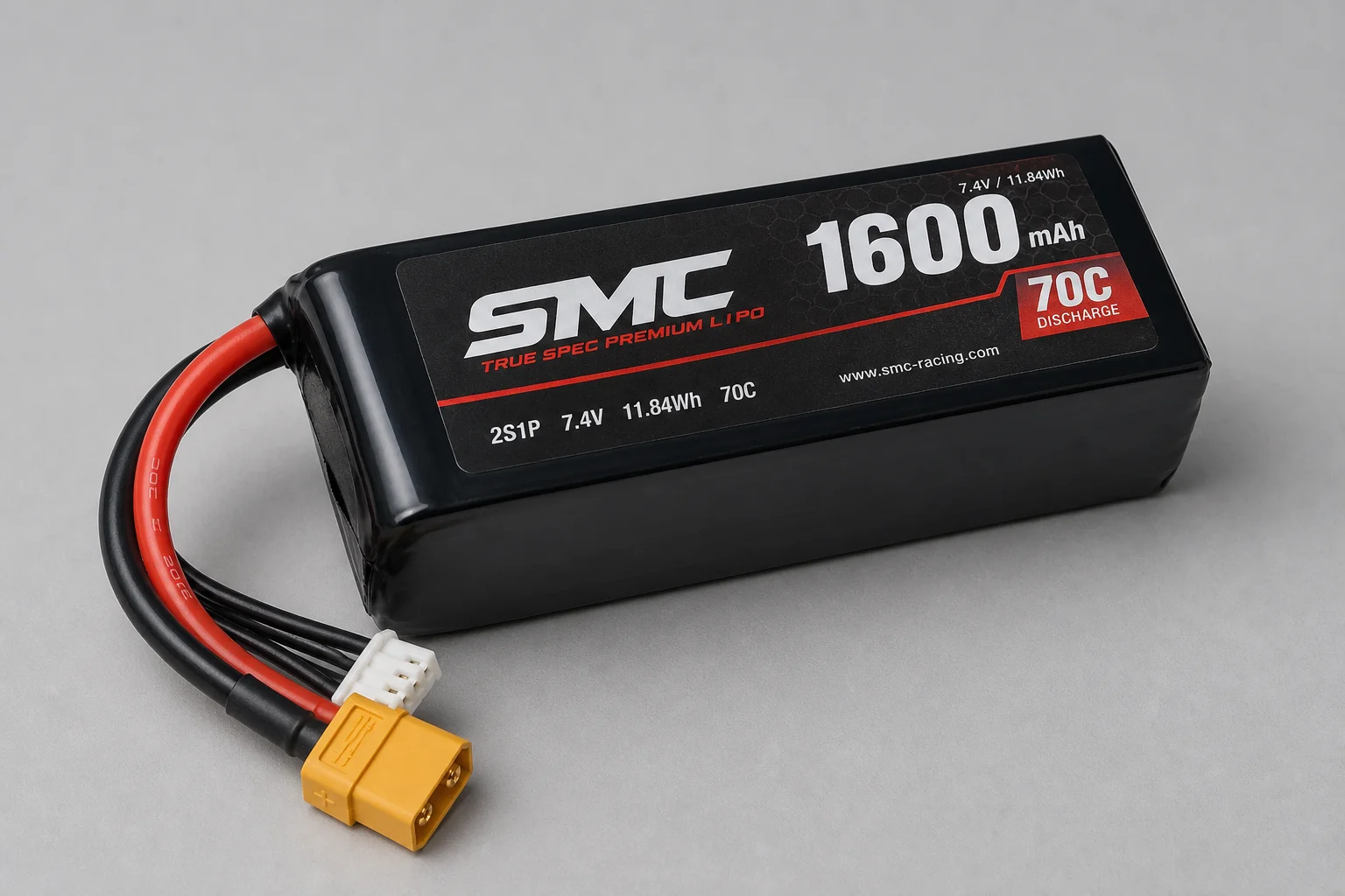 Three LiPo battery packs arranged on concrete surface showing CNHL, Ovonic, and SMC models