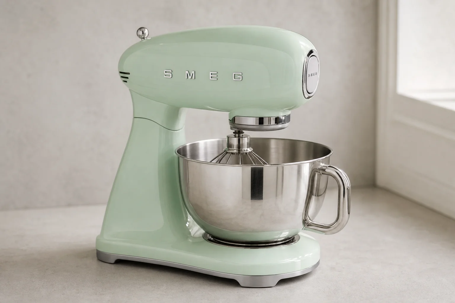 KitchenAid Artisan und Smeg Retro Küchenmaschinen nebeneinander auf einer Arbeitsplatte aus Marmor
