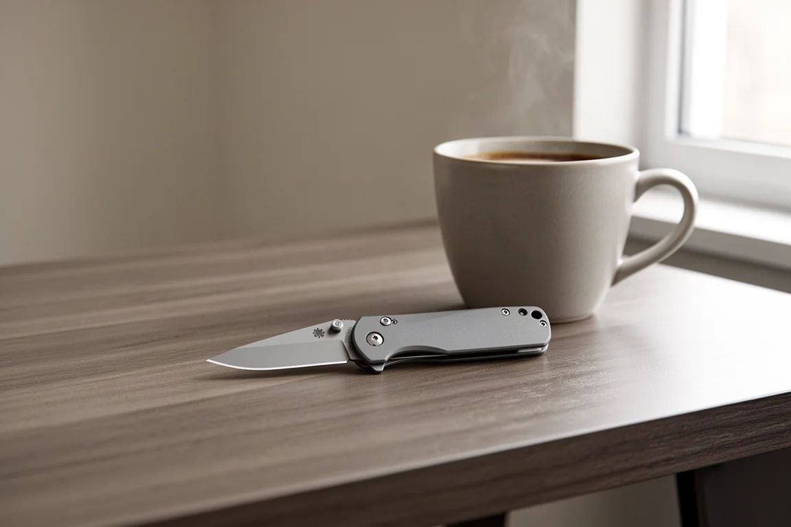 Cuchillo plegable gris sobre un escritorio de madera mostrando su perfil delgado y su hoja centrada