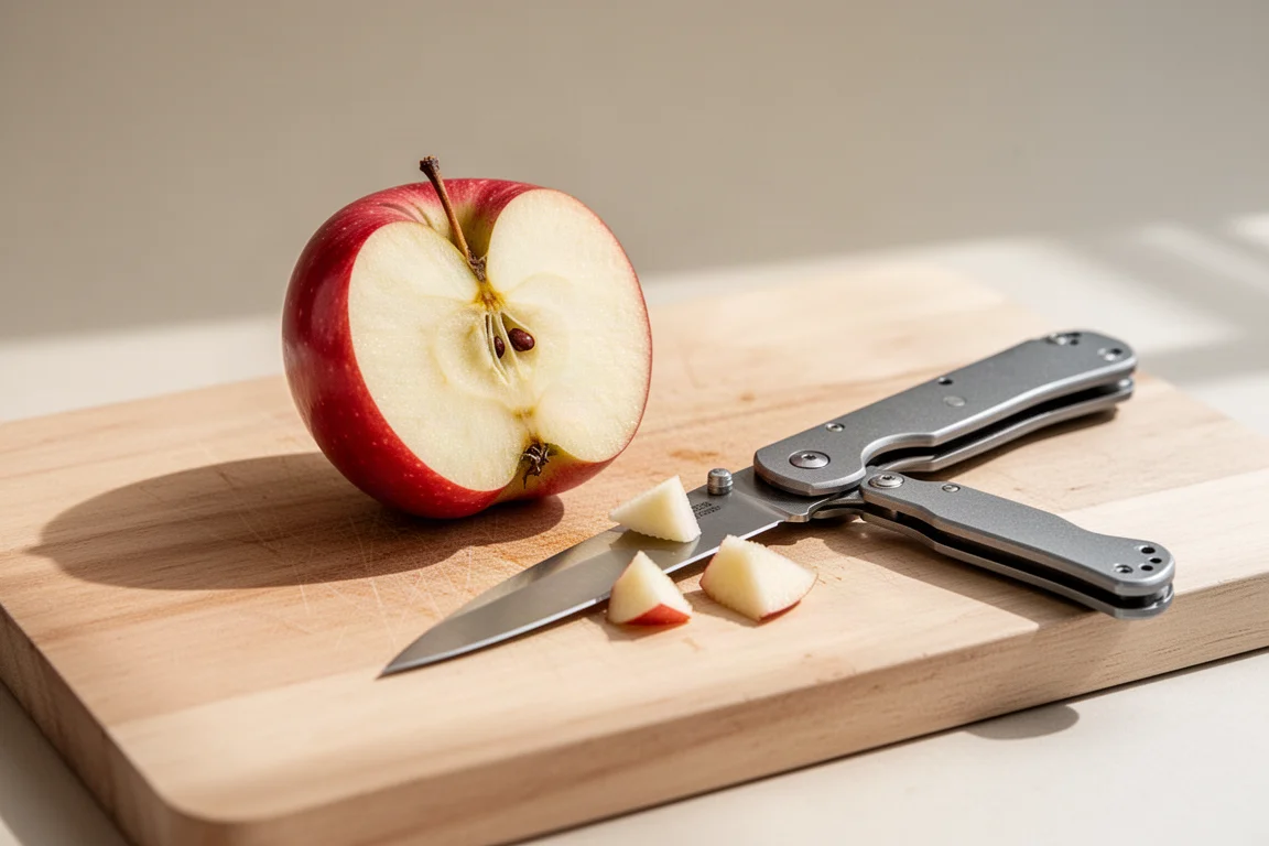 Manzana cortada sobre una tabla de cortar junto a un cuchillo plegable