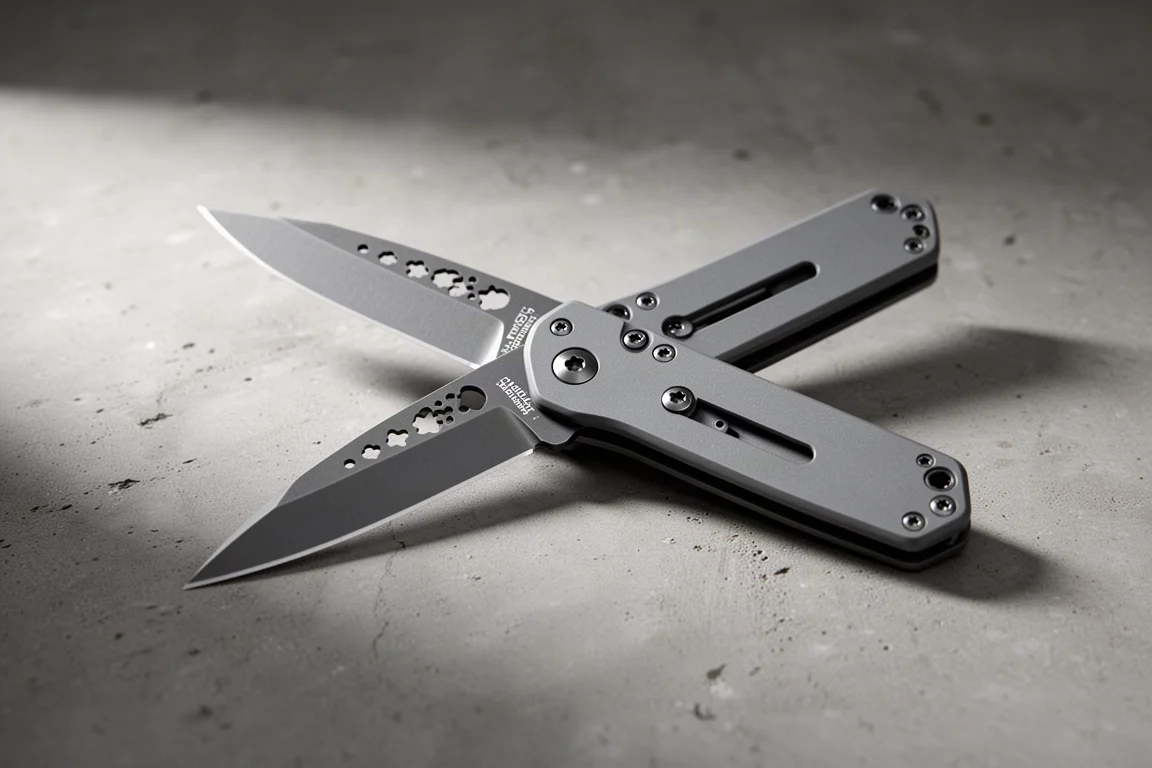 Coltello pieghevole grigio e sottile con aperture sulla lama, su una superficie di cemento opaco