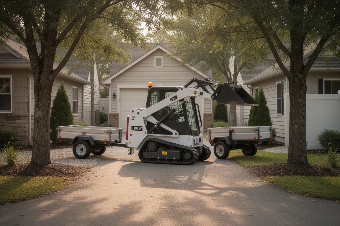 Compacte minilader geparkeerd op een krappe erf vlakbij bomen en materiaal