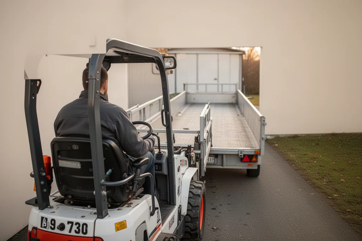 Bestuurder zittend op een compacte lader met vrij zicht langs de zijkant van een aanhanger