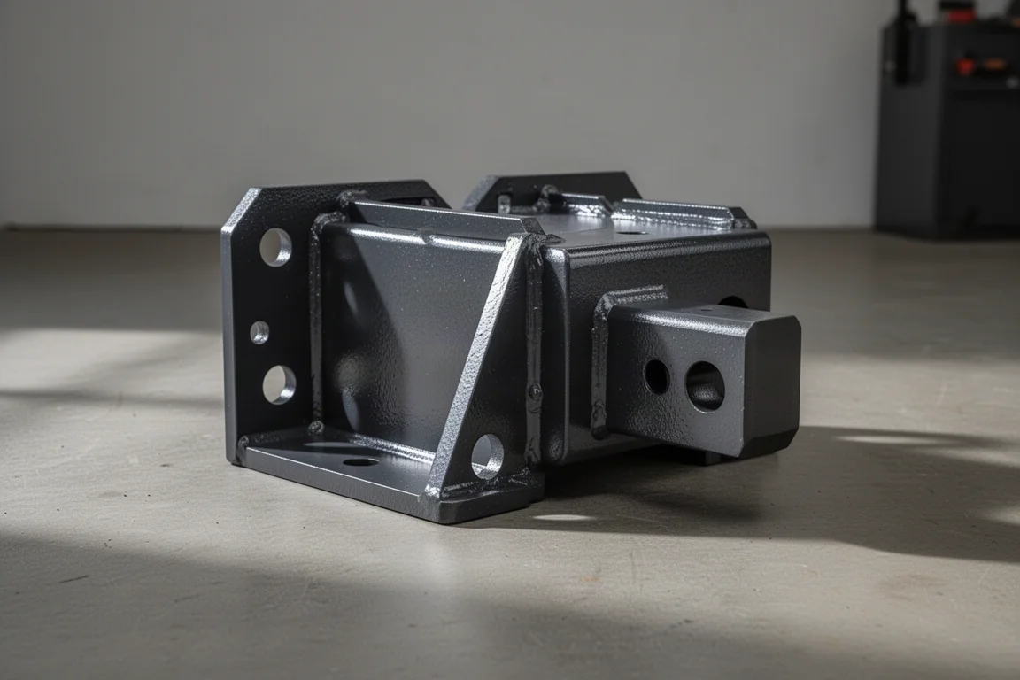 Powder-coated steel hitch adapter with gussets and two-inch receiver on a workshop floor