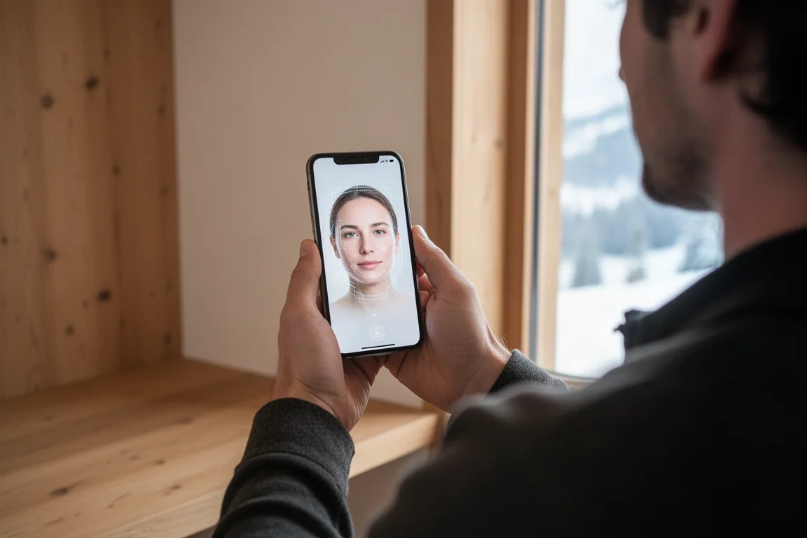 Skier using a smartphone app for a facial scan in a bright lodge setting