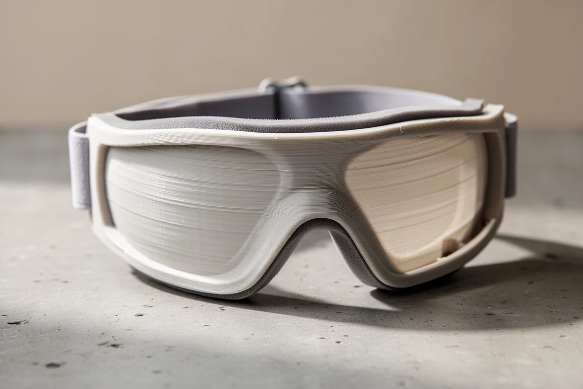 Close-up of a flexible white 3D printed goggle frame showing layered texture
