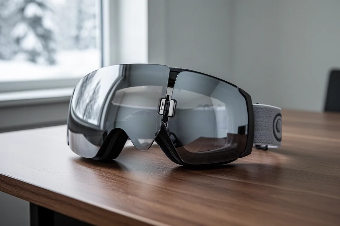 Snow goggle lens being attached magnetically to a goggle frame on a wooden table