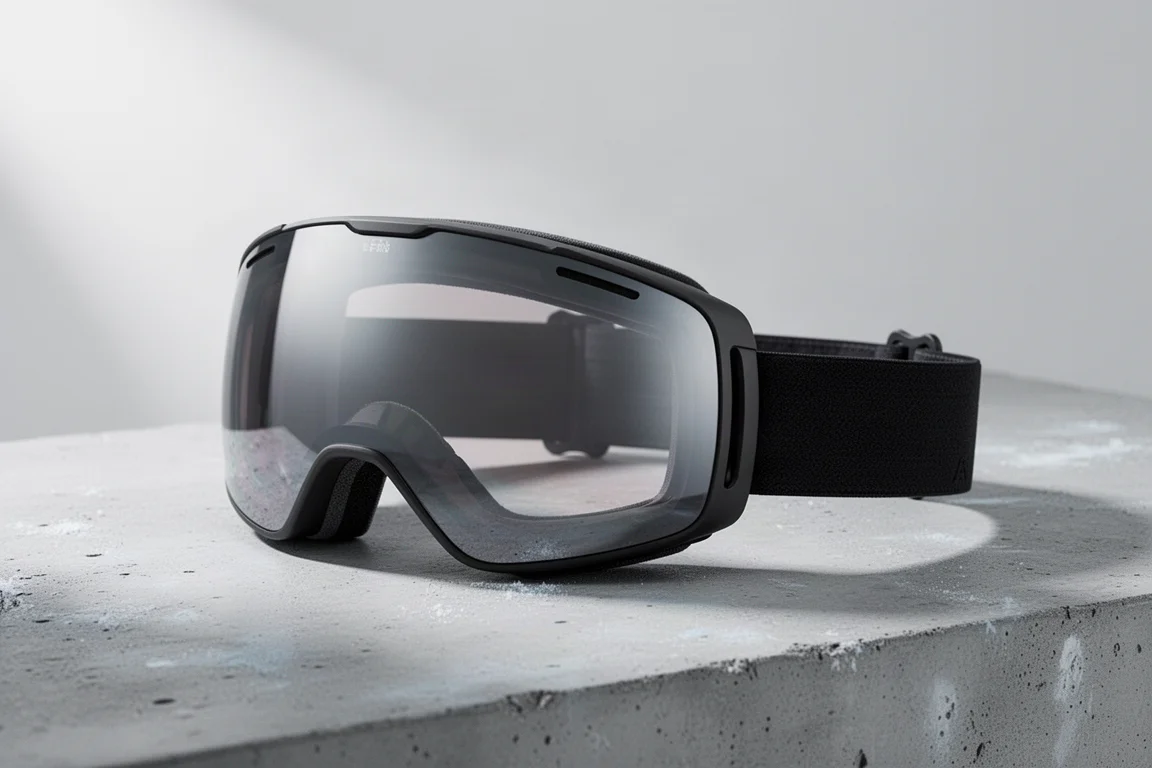 Snow goggle with mirrored magnetic lens on a concrete surface