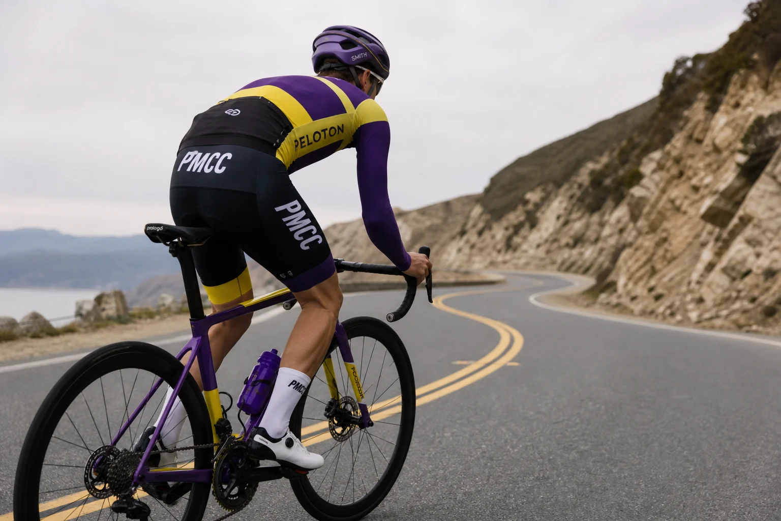 Cyclist in full kit with Smith sunglasses and matching helmet on a road