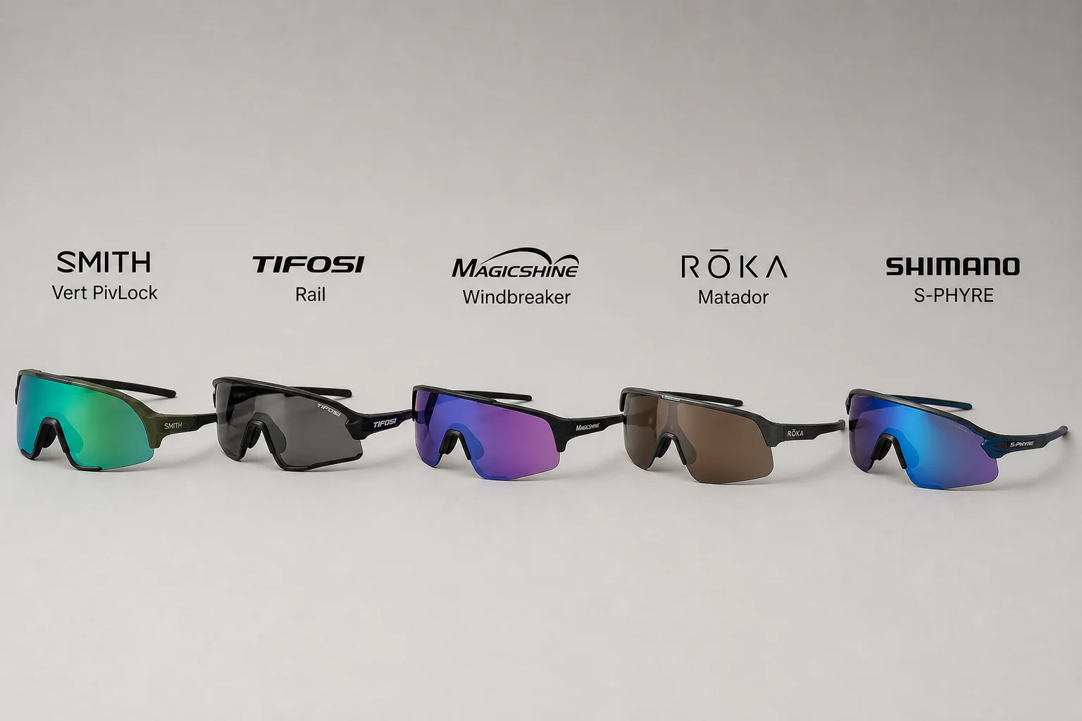 Array of different cycling sunglasses models displayed side by side