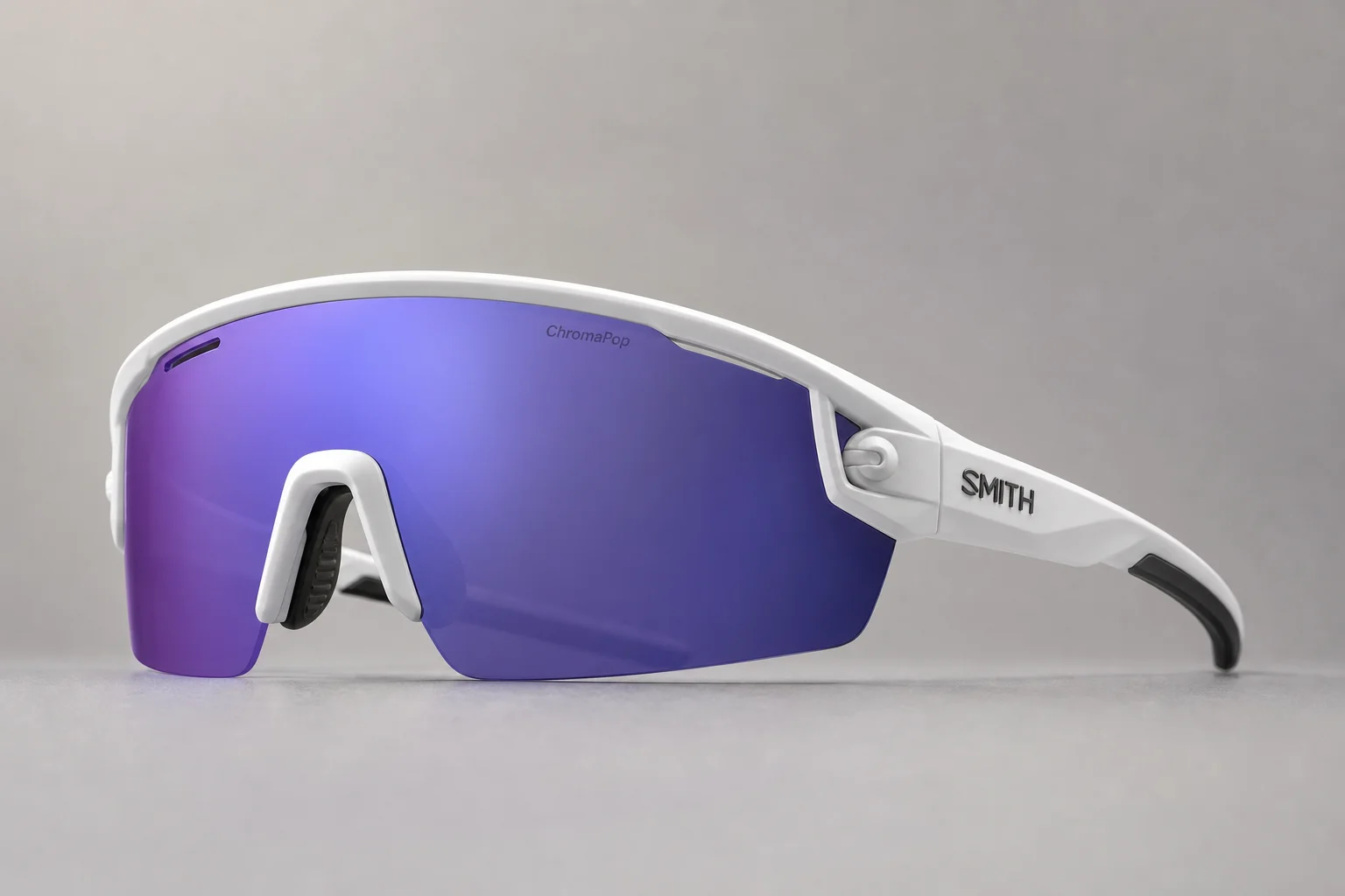 Smith Vert PivLock white frame sunglasses with purple mirrored lens on grey backdrop