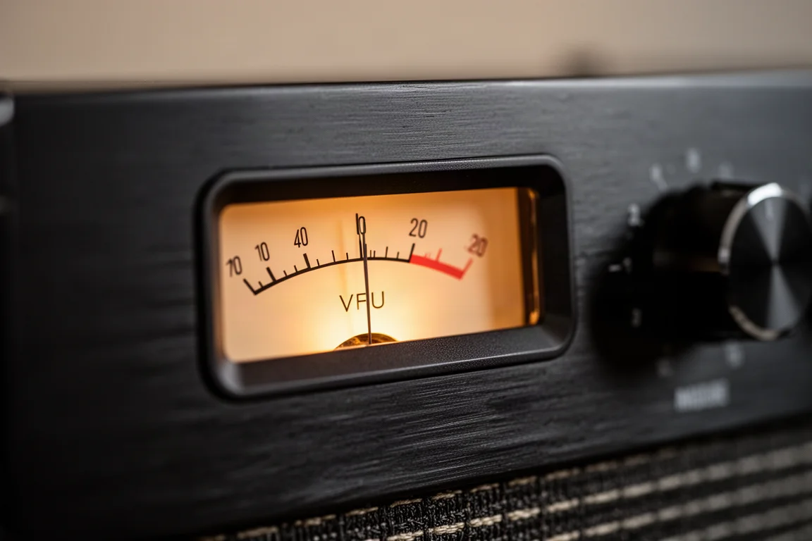 Närbild på en analog VU-mätarnål som lyser bärnstensfärgat på en mörk förstärkarpanel