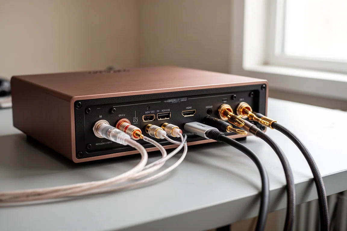 Baksidan av en kompakt förstärkare med optiska, RCA-, HDMI- och högtalarkablar anslutna