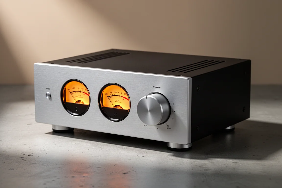 Compact integrated amplifier with two glowing analog VU meters on a concrete surface