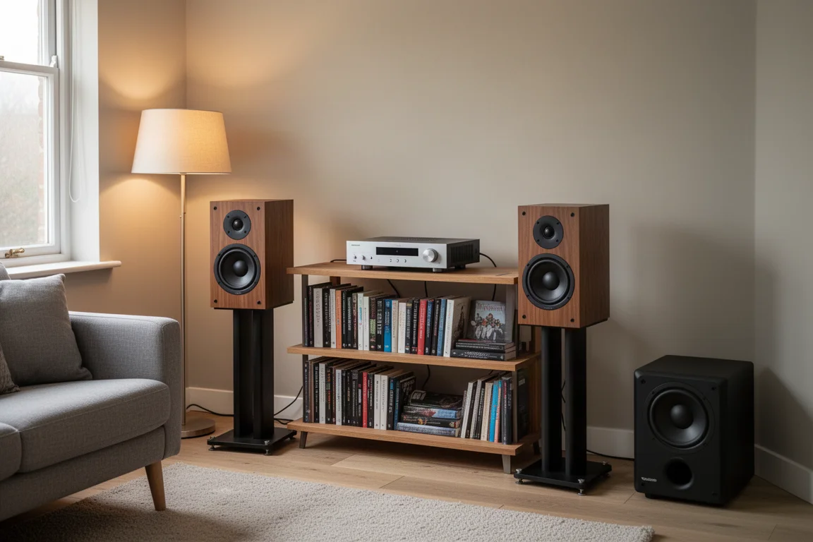 Small two-channel hi-fi system with bookshelf speakers and a compact amplifier on a wooden shelf
