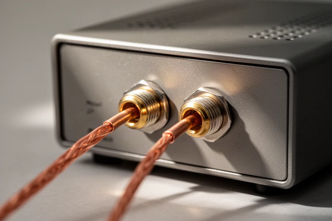 Close-up of speaker binding posts on the rear panel of a compact amplifier with bare cable ends