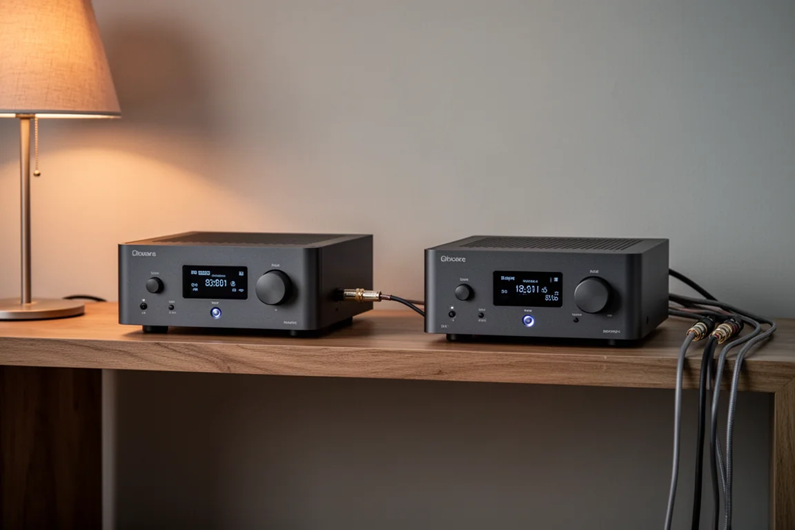 Two compact amplifiers placed side by side on a low wooden shelf with a short interconnect cable