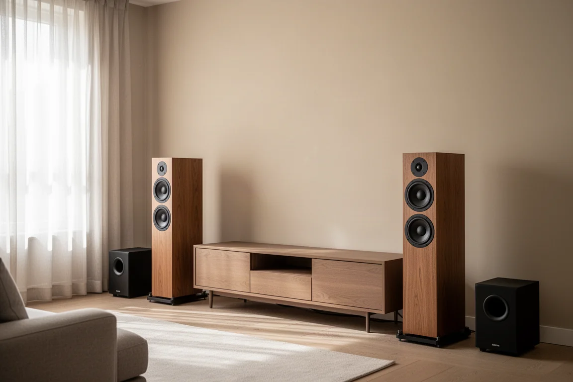 Living room listening setup with floorstanding speakers and a subwoofer in soft daylight