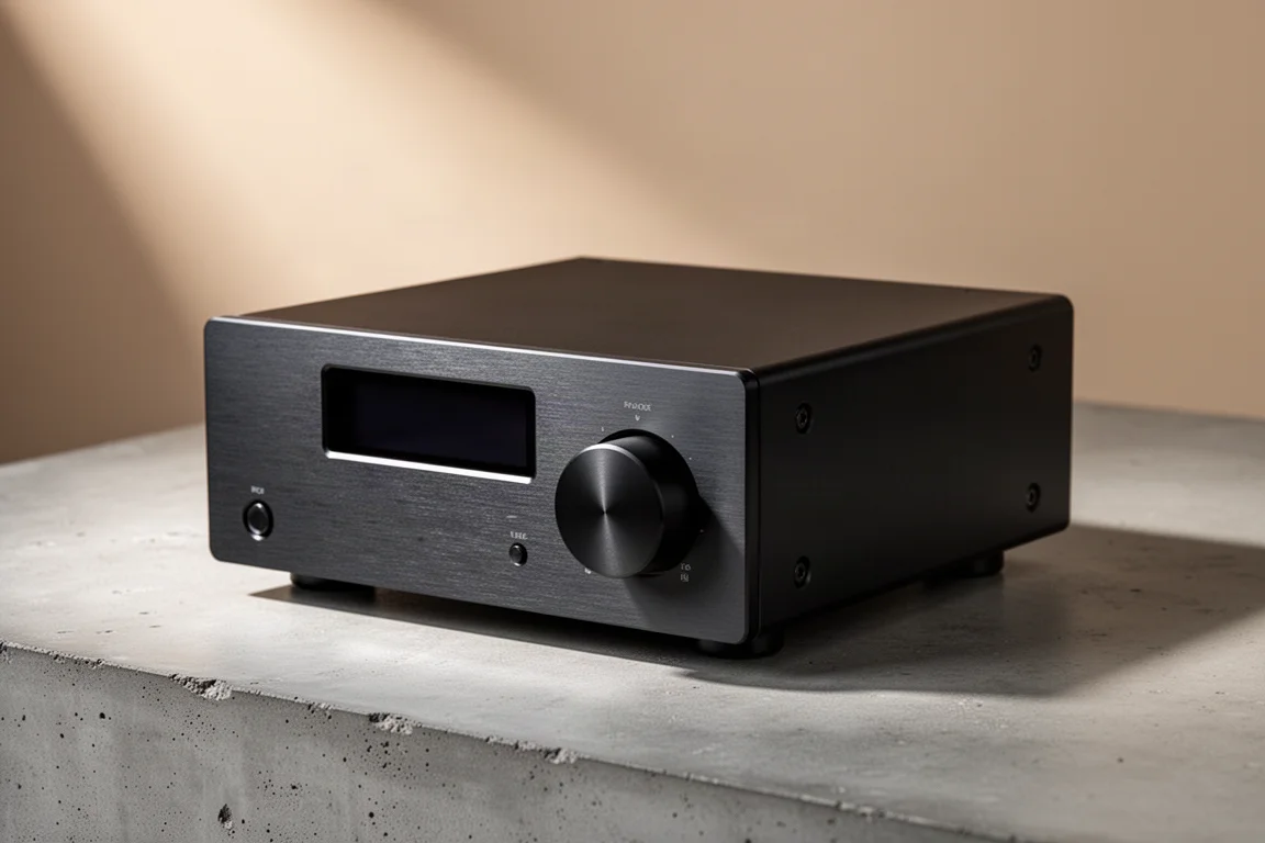Compact matte black stereo amplifier with a rotary knob on a concrete surface