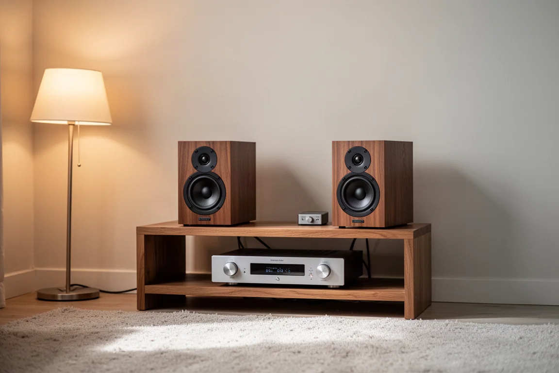Amplificatore compatto e piccoli diffusori da scaffale su una mensola bassa in legno in un soggiorno
