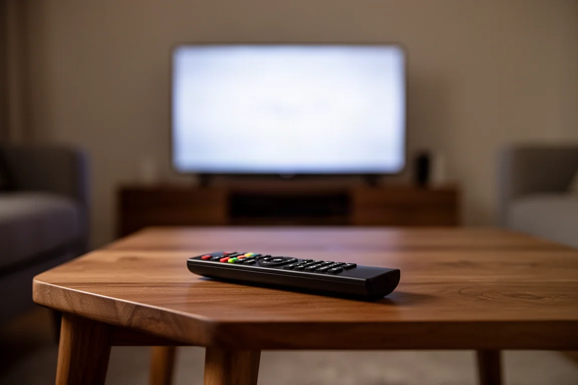 Telecomando appoggiato su un tavolino in legno davanti a un televisore