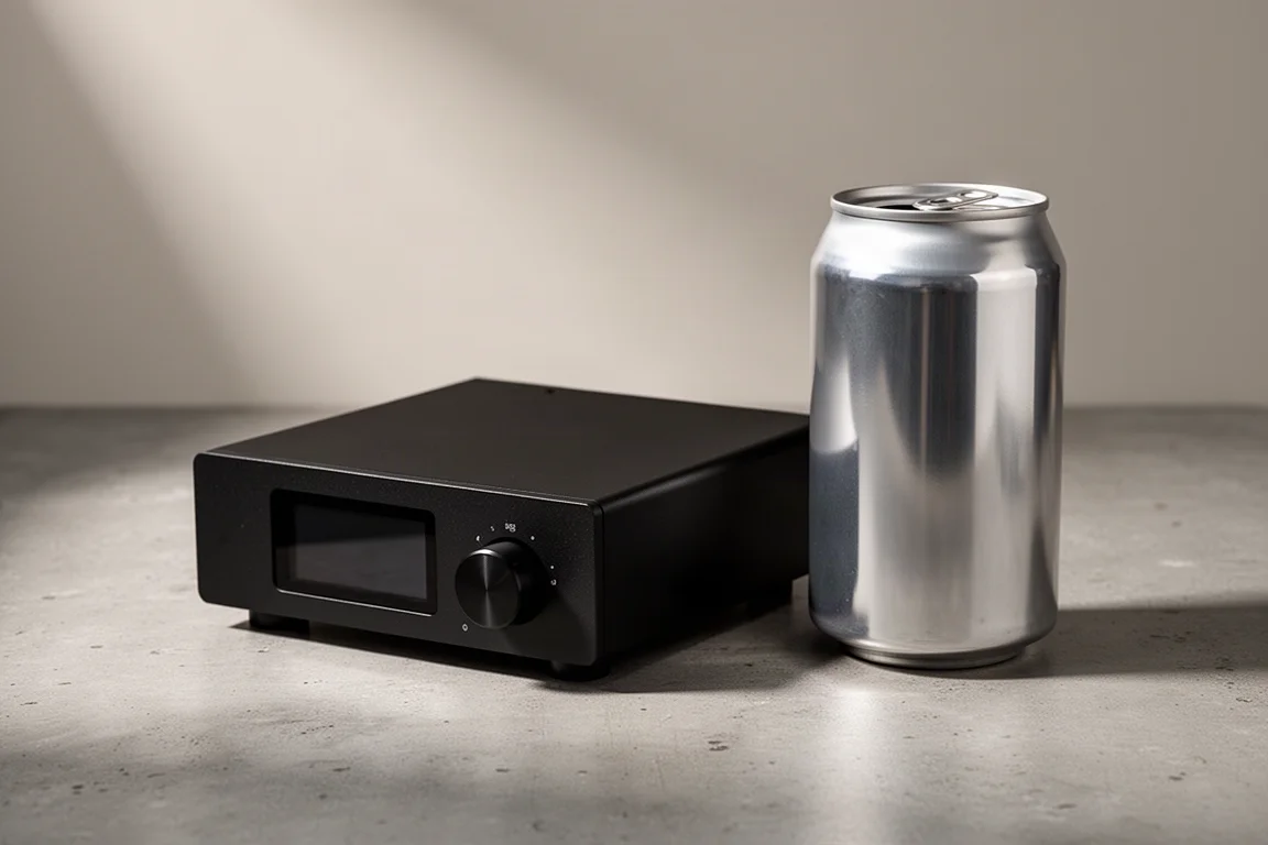 Compact black desktop amplifier beside a soda can on a concrete surface