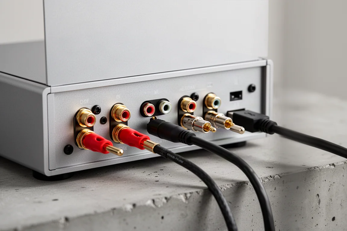 앰프 후면 패널의 스피커 바인딩 포스트와 광 및 USB 케이블 클로즈업