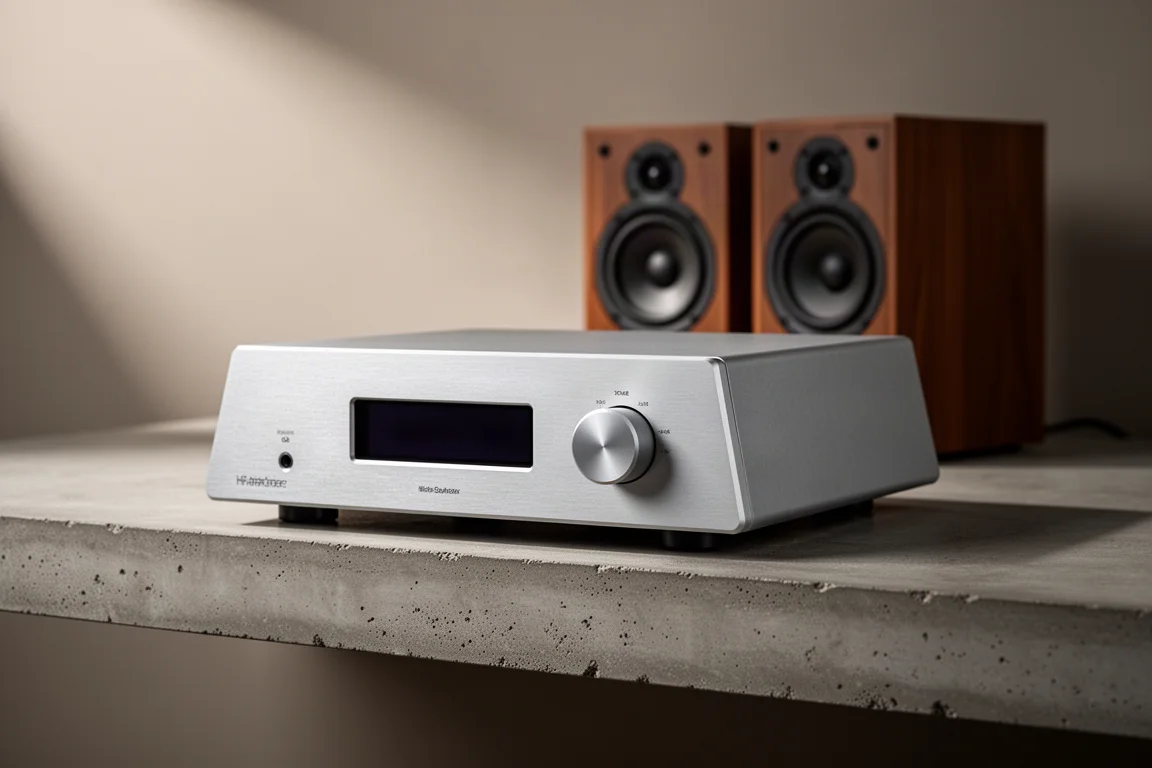 Compact integrated amplifier with brushed front panel on a concrete shelf, small speakers behind