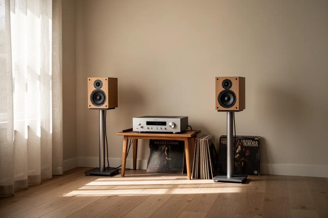 Small bookshelf speakers on stands with a compact amplifier on a low wooden shelf