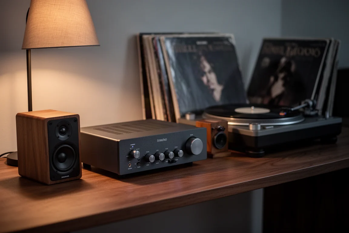 Evening desk hi-fi setup with compact amplifier, small speakers, and vinyl records