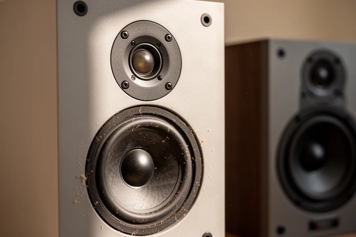 Bookshelf speaker with grille removed showing mid-woofer cone and tweeter