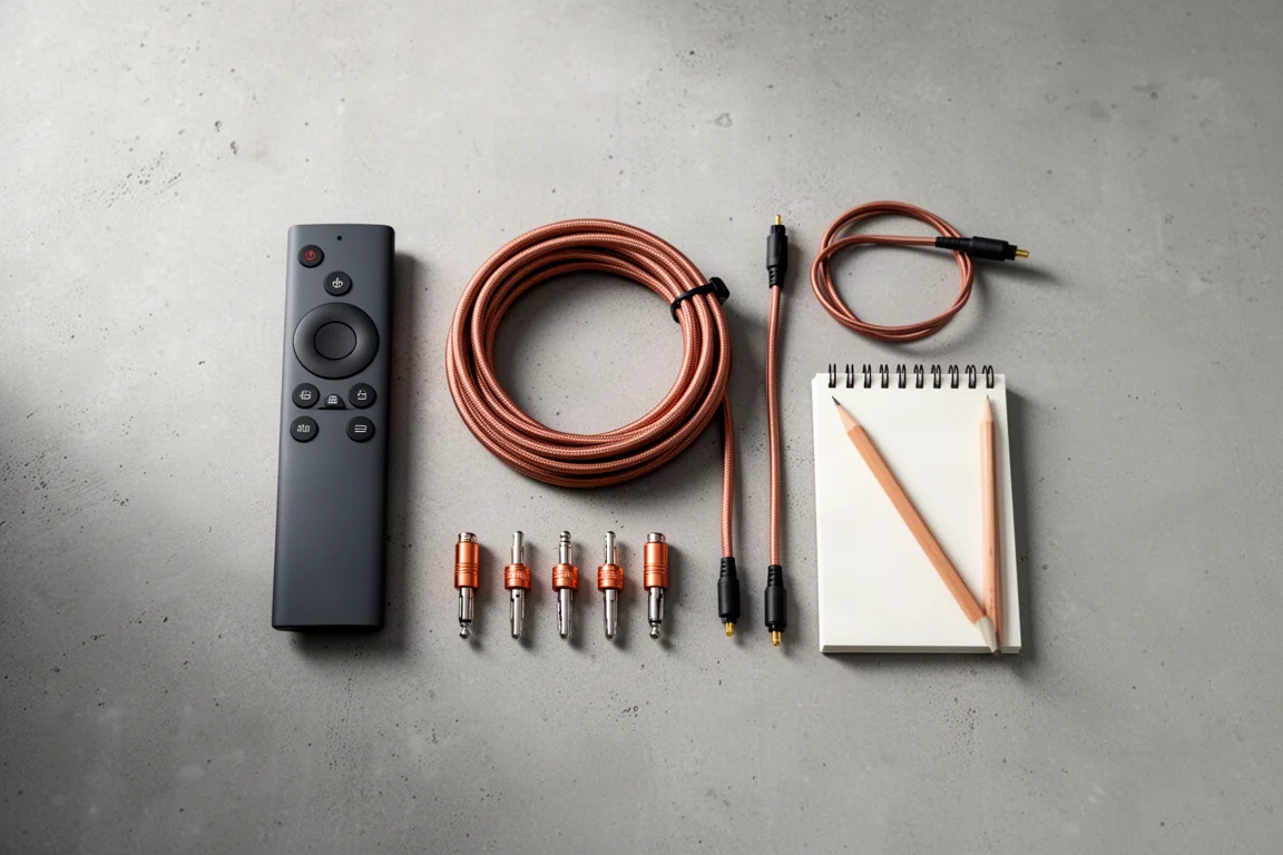 Overhead flat lay of remote control, speaker cable, banana plugs, and optical cable