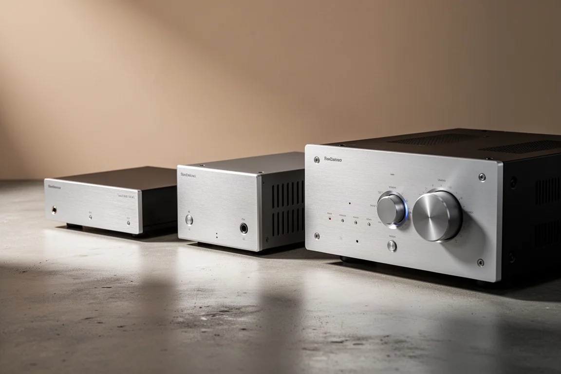 Three integrated stereo amplifiers in a row on a concrete surface under soft studio light