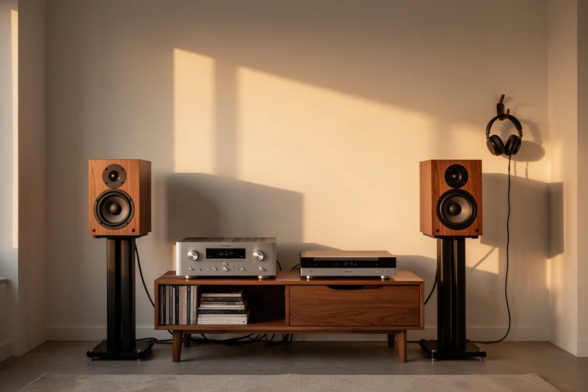 小型 hi-fi 聆聽角落,書架喇叭與纖薄音響組件在黃金時刻的光線下