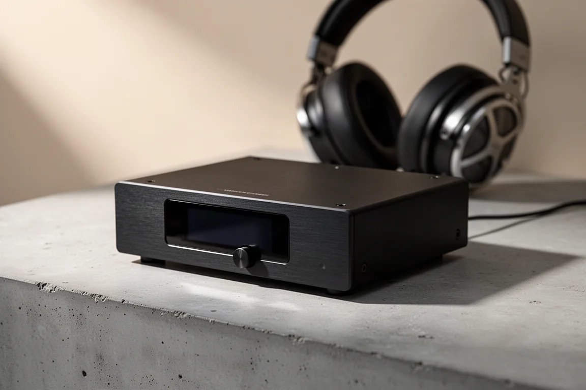Compact desktop DAC with a small glass display on a concrete surface beside headphones