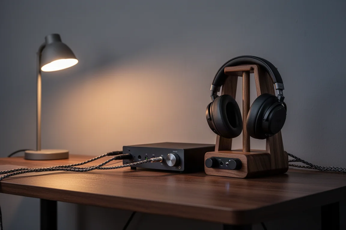 Ruhige Desktop-Hör-Ecke in der Dämmerung mit Kopfhörern auf einem Ständer und warmem Lampenlicht