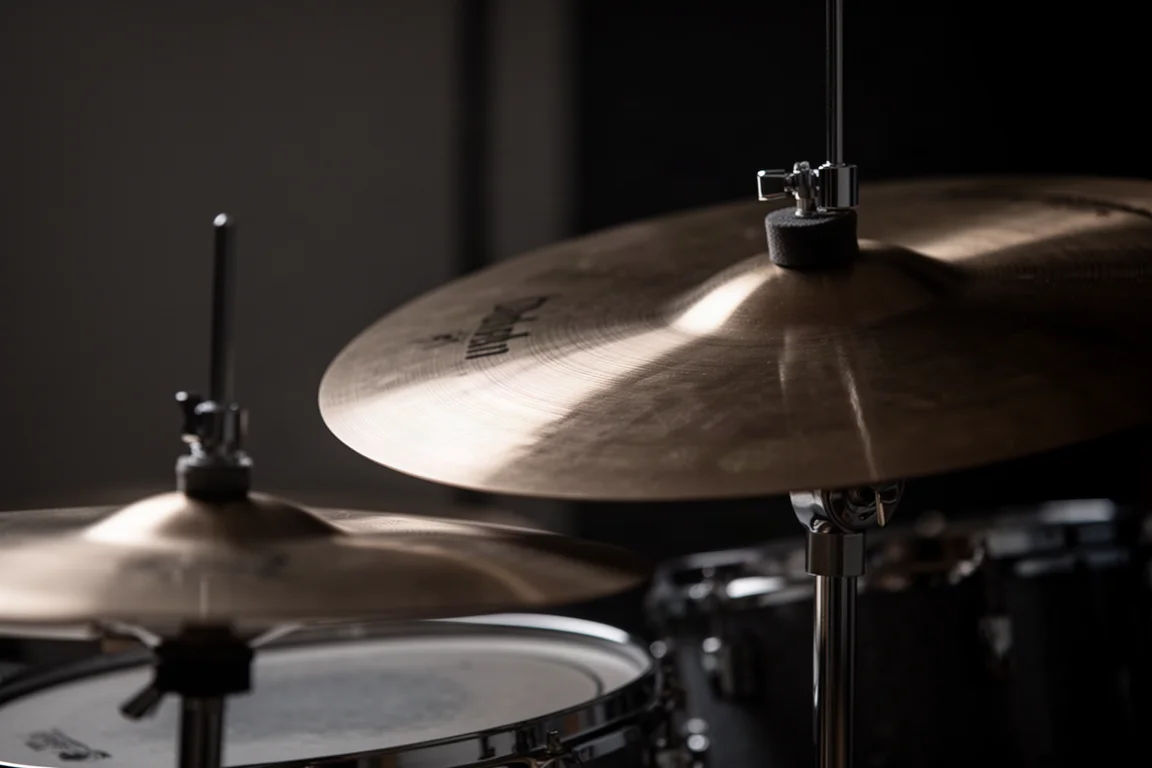 Nahaufnahme der Ränder von Hi-Hat und Crash-Becken in einem schwach beleuchteten Studio