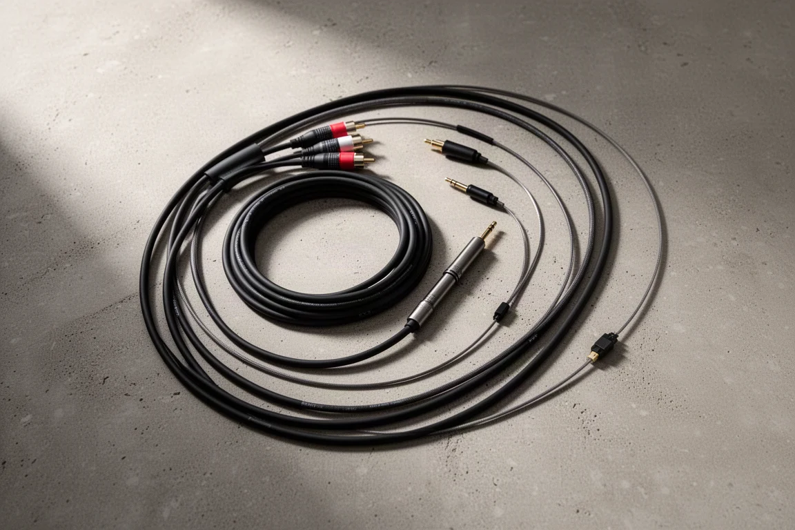 Draufsicht auf flach ausgelegte RCA-, TRS- und optische Audiokabel auf Beton