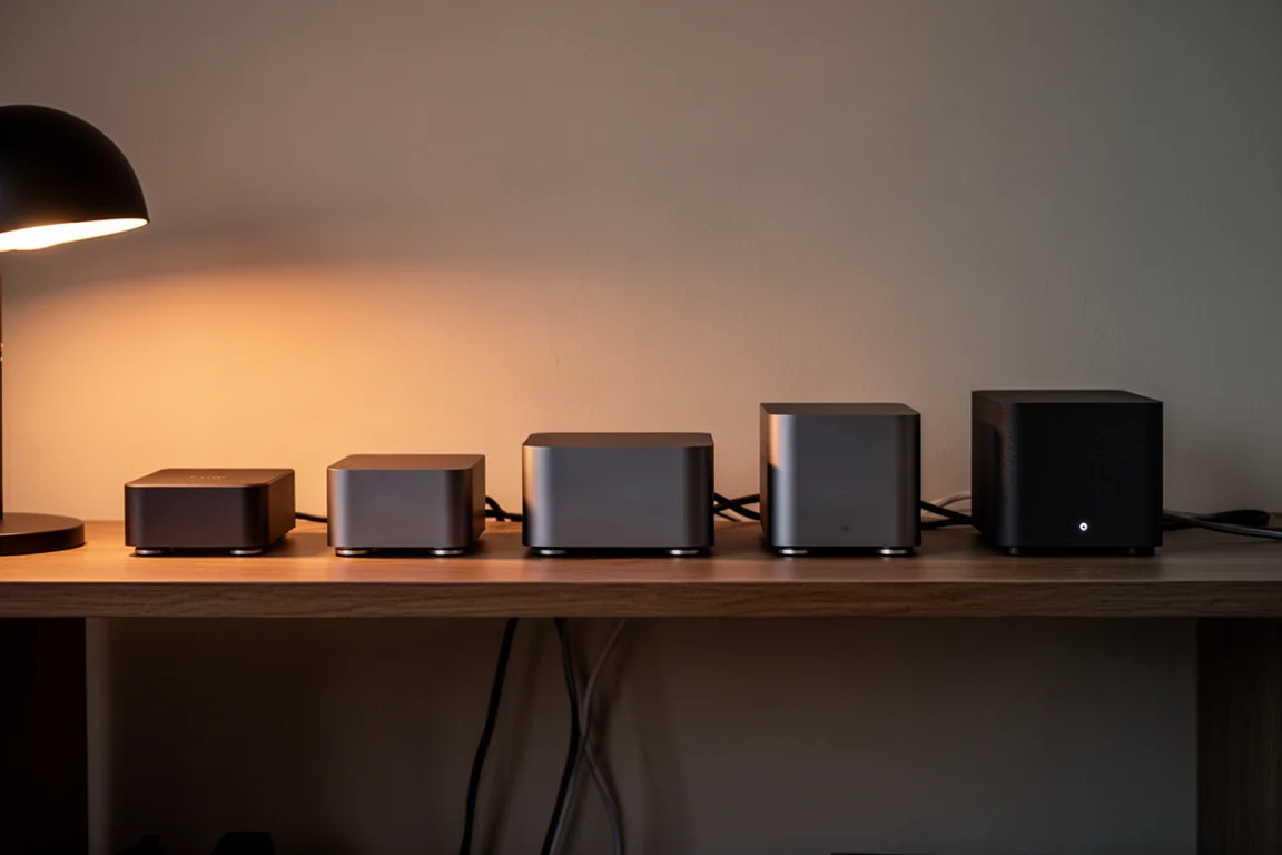Ordentliches Desktop-Hi-Fi-Regal mit mehreren kleinen Aluminiumkomponenten in der Dämmerung
