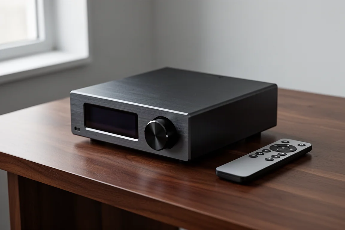 Compact desktop DAC with remote control on a dark walnut desk in soft window light