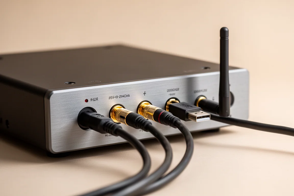Nahaufnahme von optischen, koaxialen und USB-Kabeln an der Rückseite einer kompakten Audio-Komponente