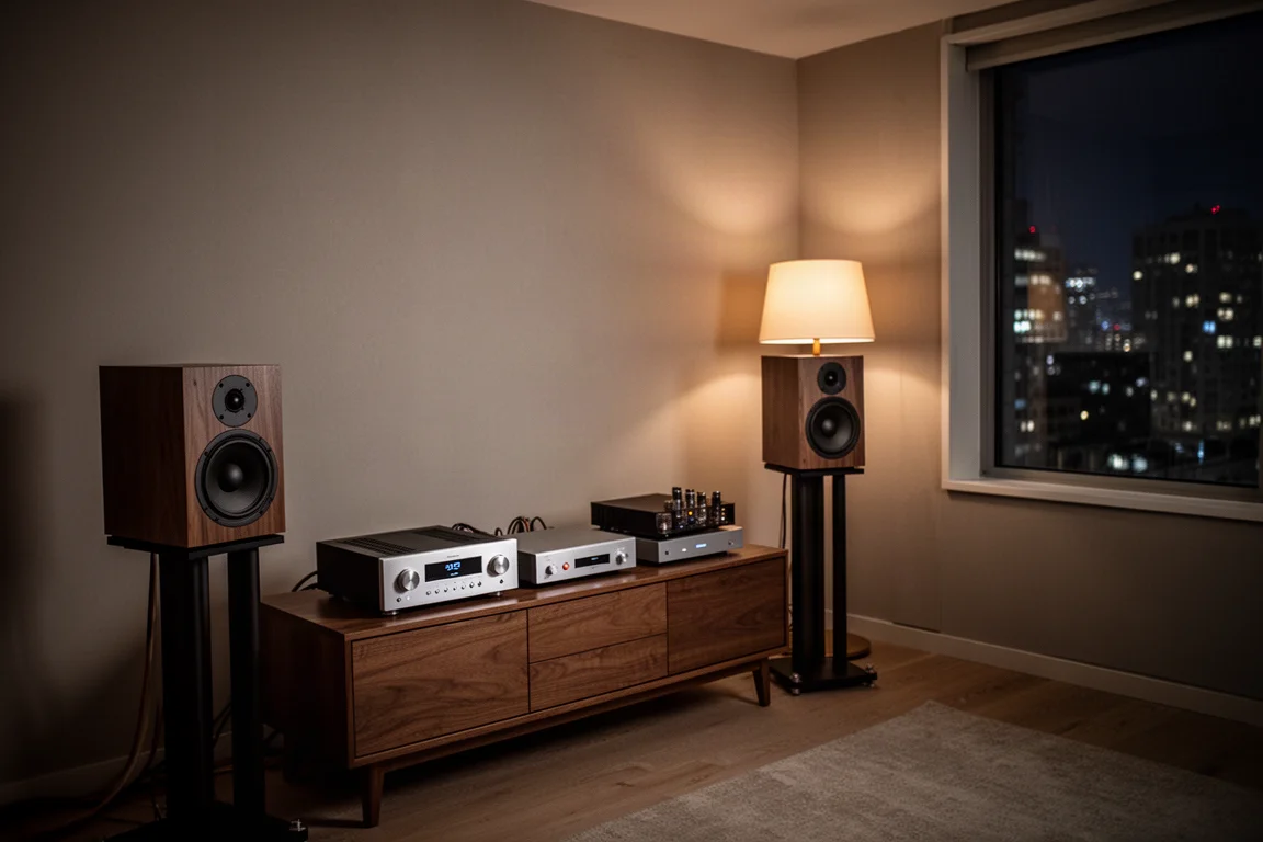 Kleiner Hörraum bei Nacht mit Regallautsprechern, einer niedrigen Sideboard und einer warmen Stehlampe