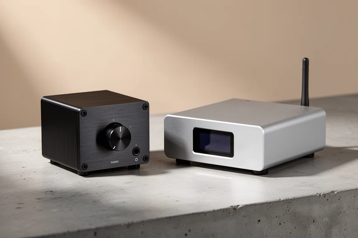Compact desktop amplifier and slim converter side by side on a matte concrete surface
