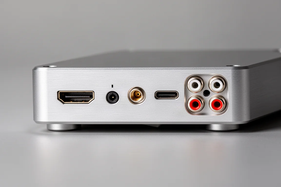 紧凑音频设备后面板的特写，可见 HDMI、光纤、同轴与 USB 接口