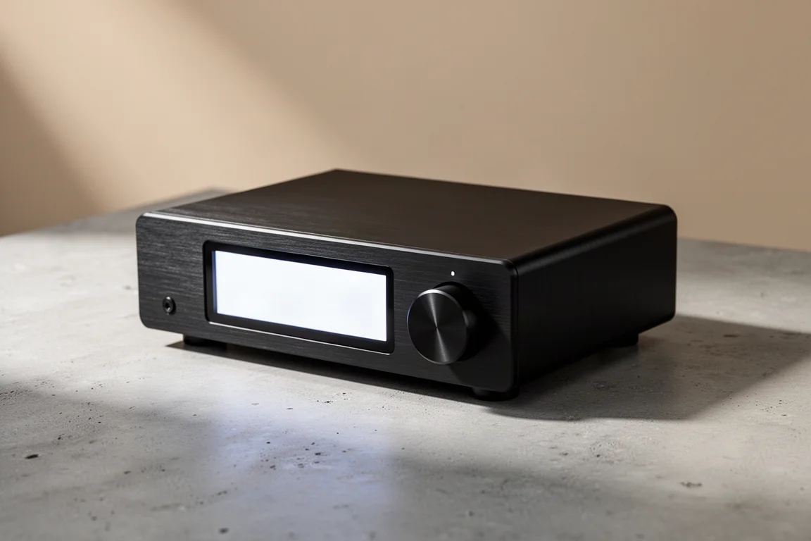 Compact black aluminium DAC with a large front display and rotary knob on a concrete surface