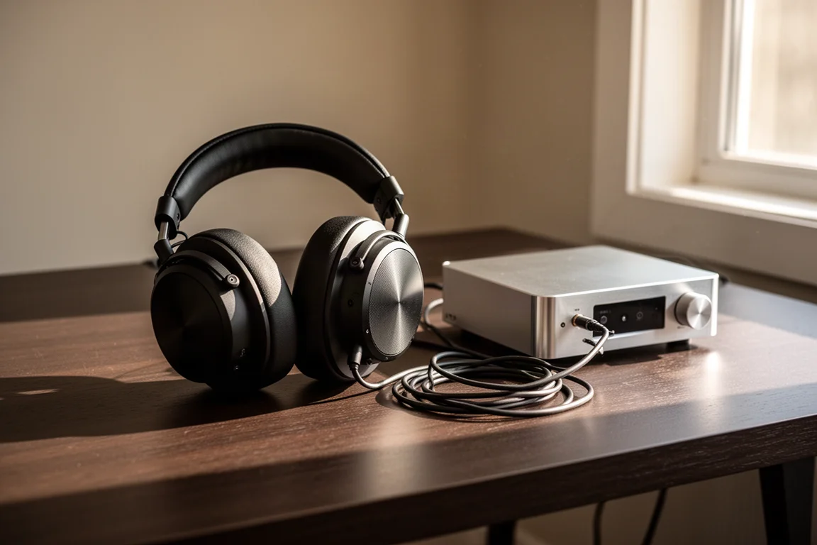 Auriculares sobre un escritorio junto a un amplificador compacto plateado