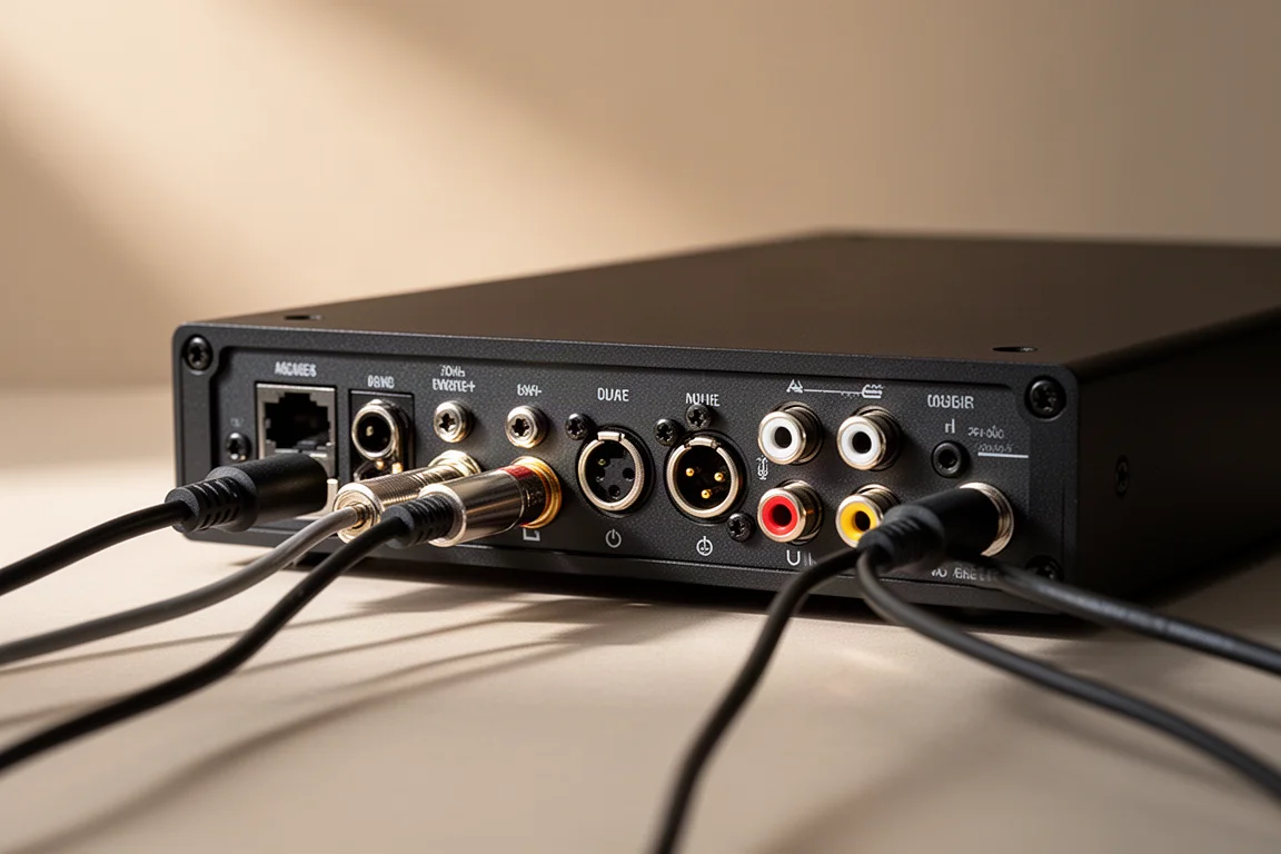 Panel trasero de un DAC de escritorio que muestra puertos de conexión digitales y analógicos