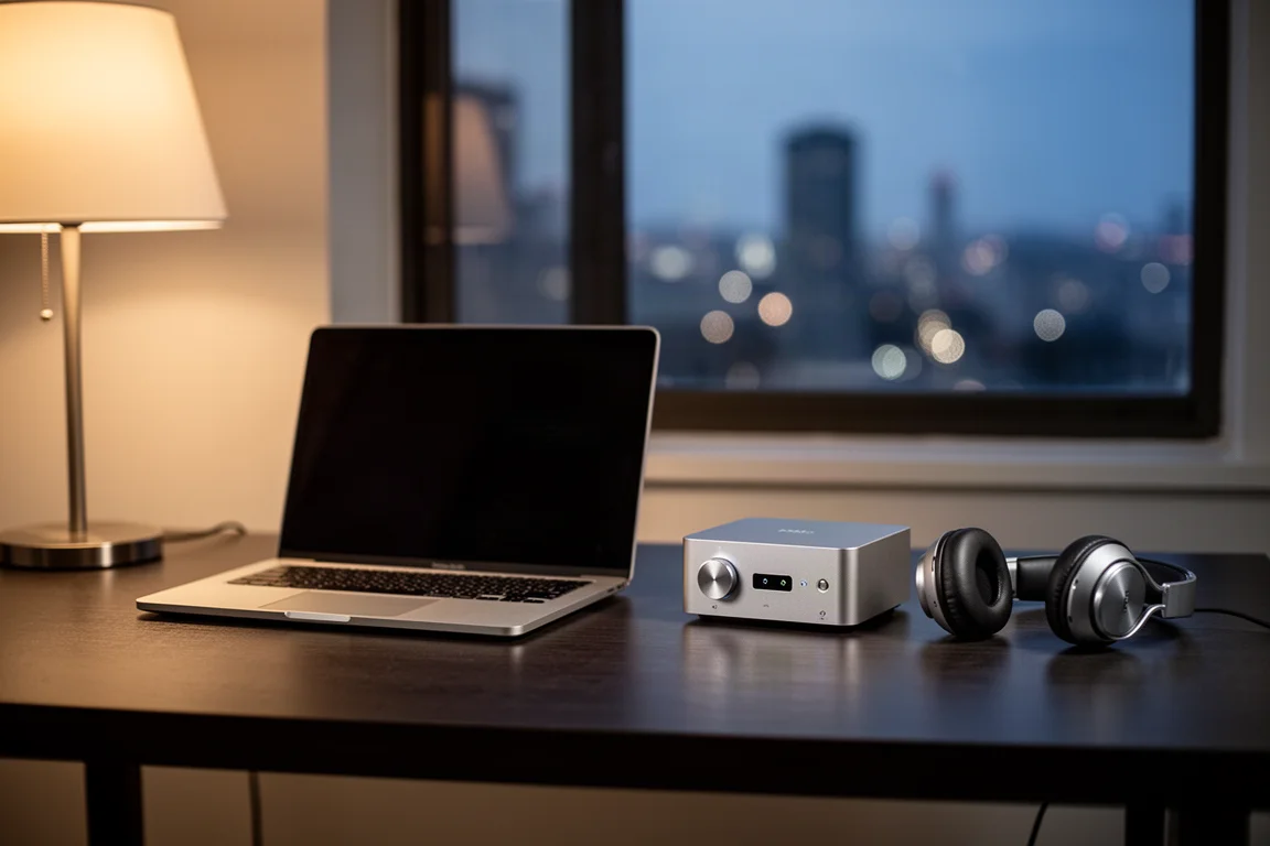 Configuración de escucha en escritorio con auriculares, amplificador y portátil al atardecer