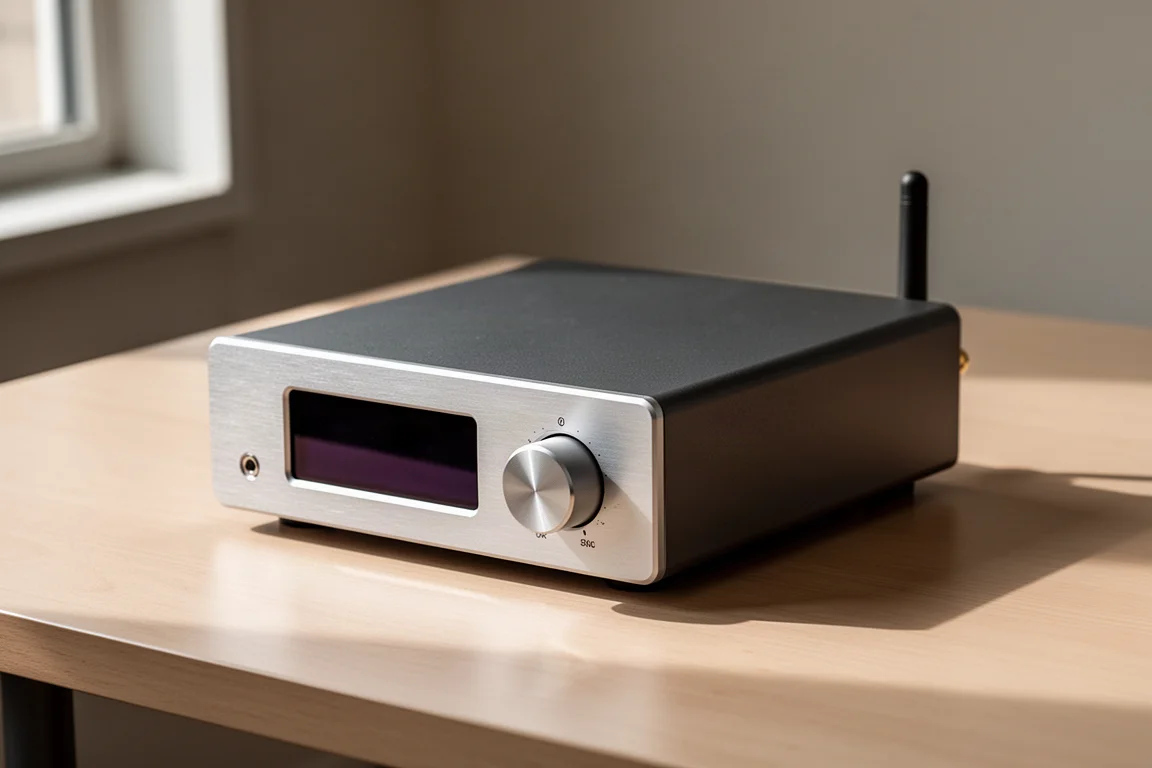 Compact silver desktop DAC and headphone amplifier on a pale wood desk