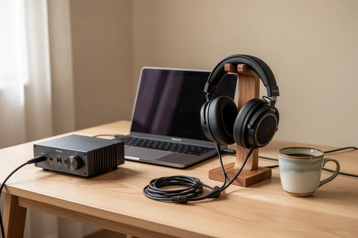 Compacte desktop-audio-opstelling met hoofdtelefoon en een kleine versterker op een houten bureau